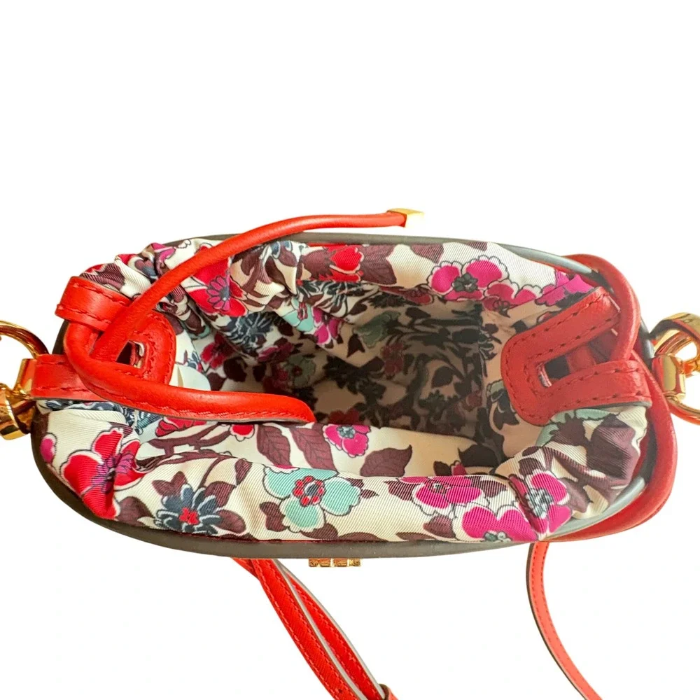 $328 TORY‎ BURCH Emerson Mini Bucket Bag Coral Leather Floral Insert Crossbody